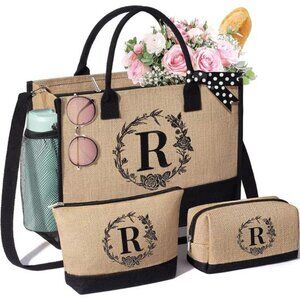 Personalized Gifts for Women Tote Bag, Initial Jute Tote Bag & Makeup Bags R